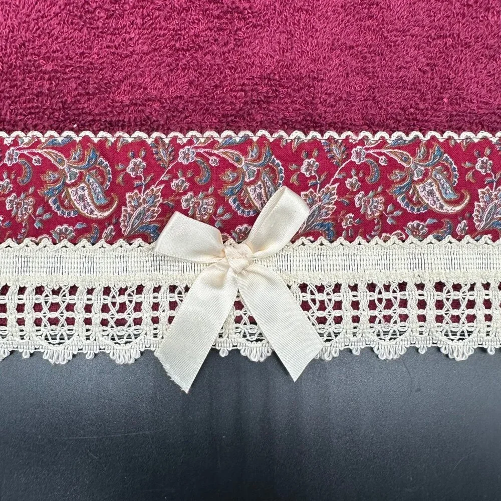 Vintage Burgundy Bath Hand Towel Set Paisley Lace Bow Trim Maroon Red Dundee USA - Picture 6 of 9